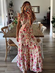 Casual V-Neck Sleeveless Lace Up Pleated Ruffles Floral Print Stretch Maxi Dress