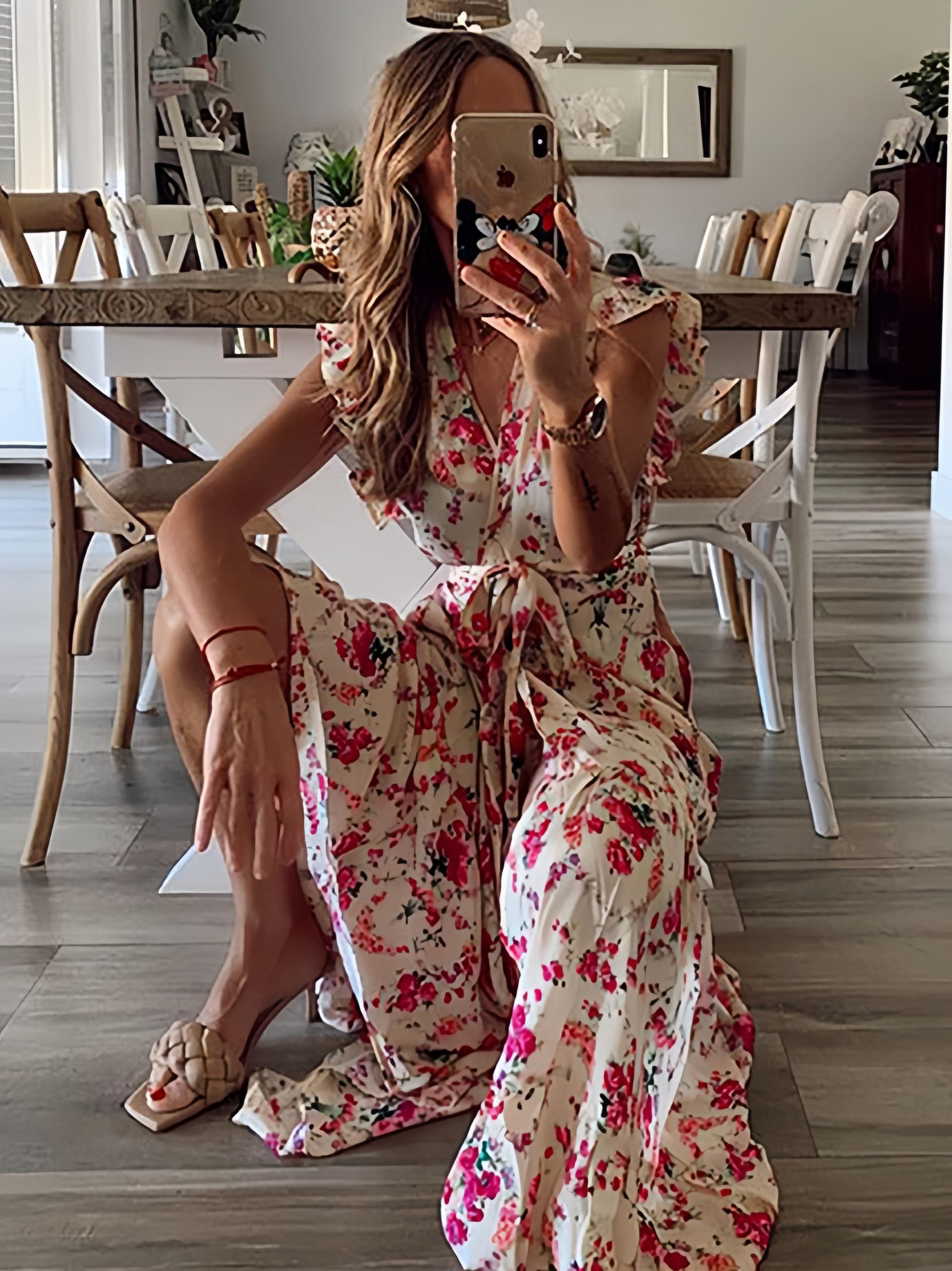 Casual V-Neck Sleeveless Lace Up Pleated Ruffles Floral Print Stretch Maxi Dress