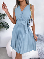 Casual V Neck Sleeveless Regular Pleated Knee Length Dress