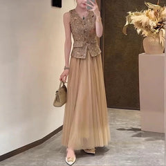 Casual V Neck Sleeveless Solid Single Breasted High Waist Patchwork Skirt Two Piece Set