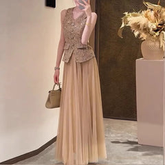 Casual V Neck Sleeveless Solid Single Breasted High Waist Patchwork Skirt Two Piece Set