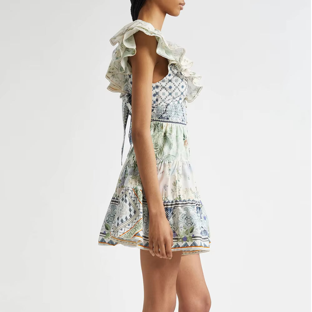 Casual V Neck Sleeveless Zipper Patchwork Printing Mini Dress