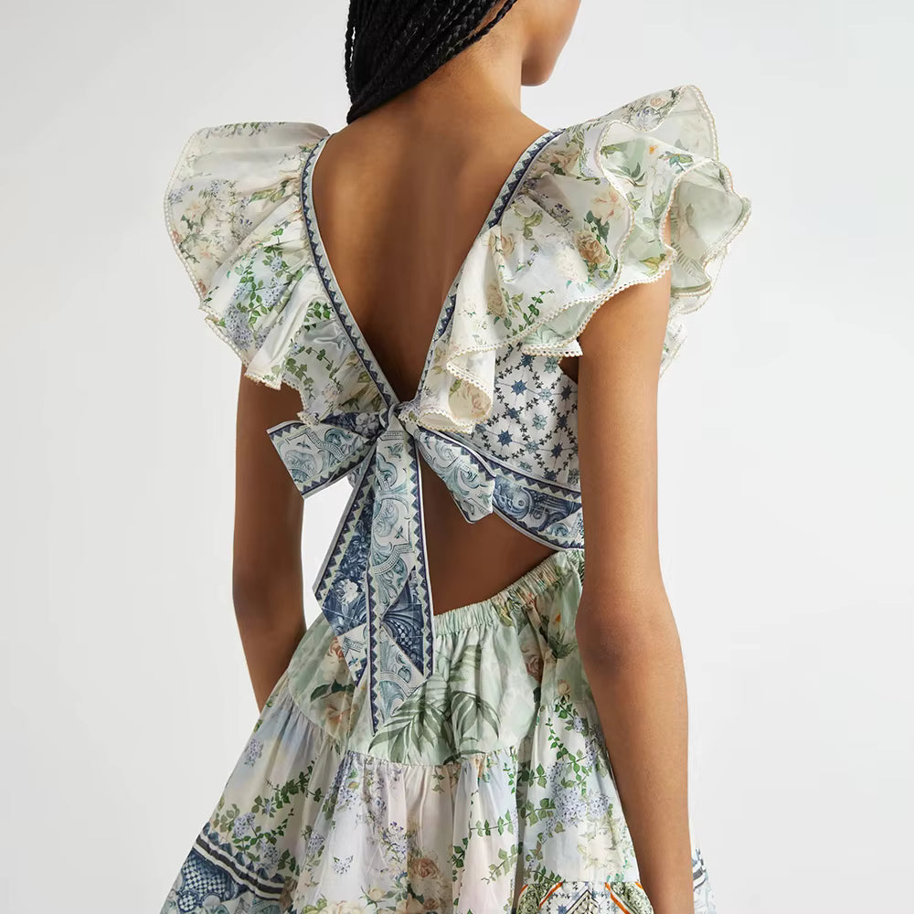 Casual V Neck Sleeveless Zipper Patchwork Printing Mini Dress