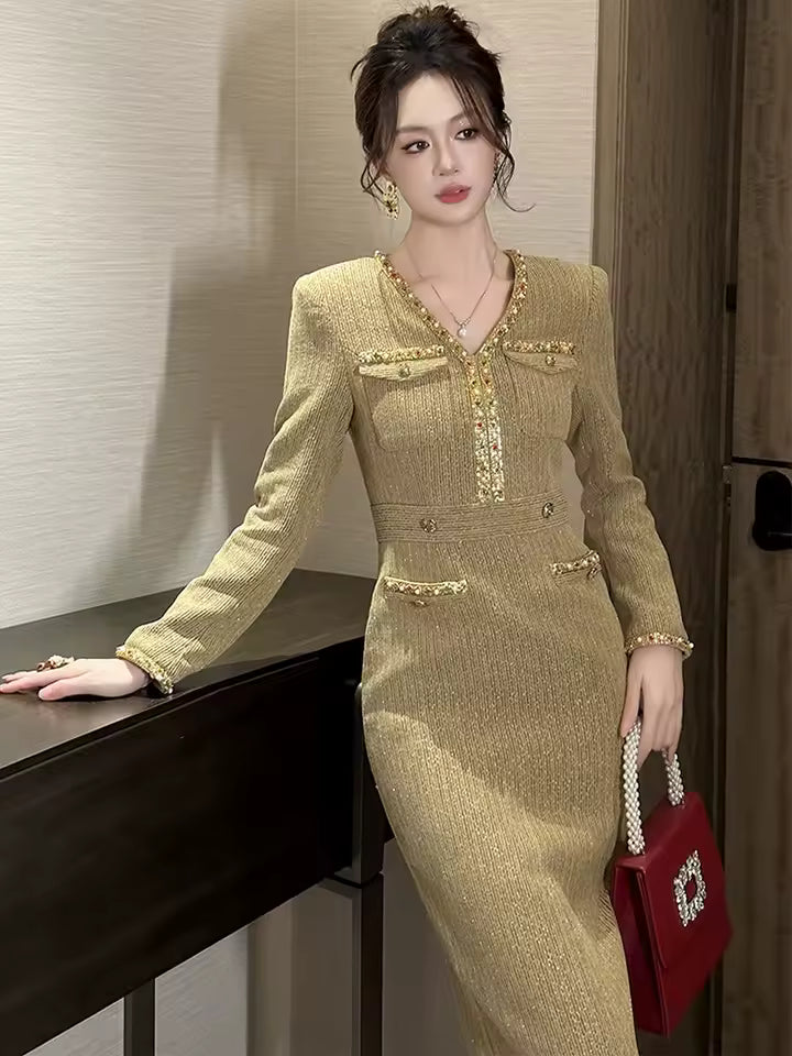 Casual V-Neck Solid Diamonds Vintage Long Sleeve Slim Midi Pencil Dress