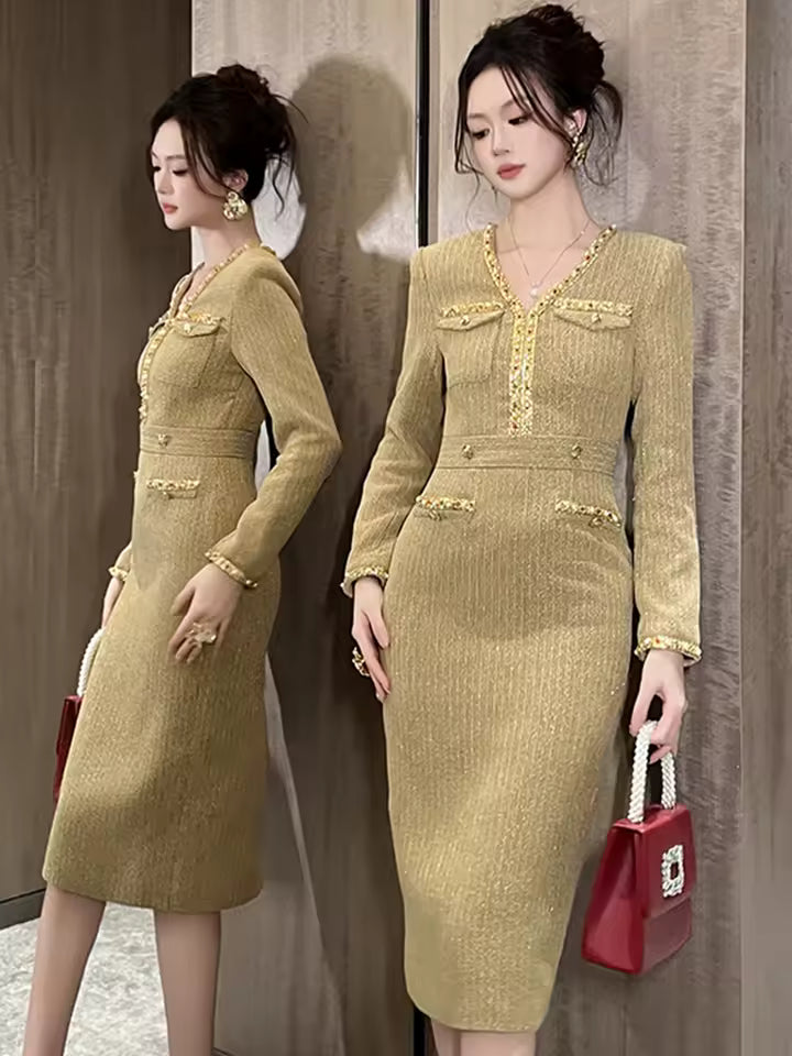 Casual V-Neck Solid Diamonds Vintage Long Sleeve Slim Midi Pencil Dress