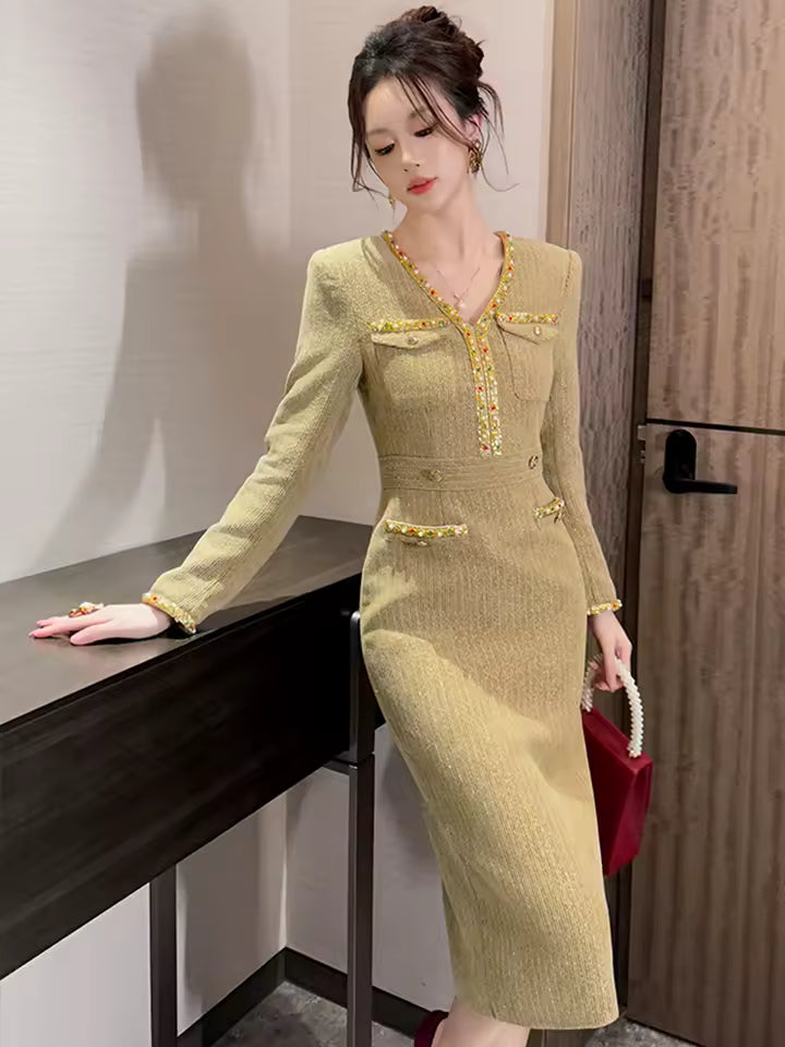 Casual V-Neck Solid Diamonds Vintage Long Sleeve Slim Midi Pencil Dress
