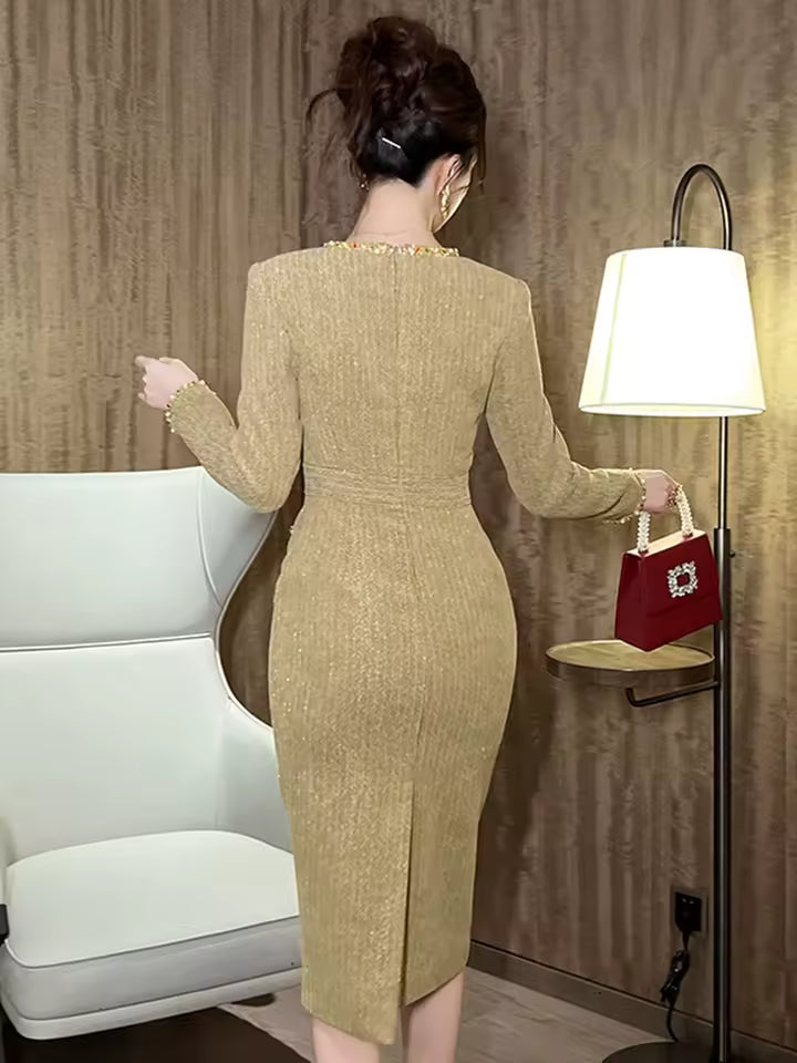 Casual V-Neck Solid Diamonds Vintage Long Sleeve Slim Midi Pencil Dress