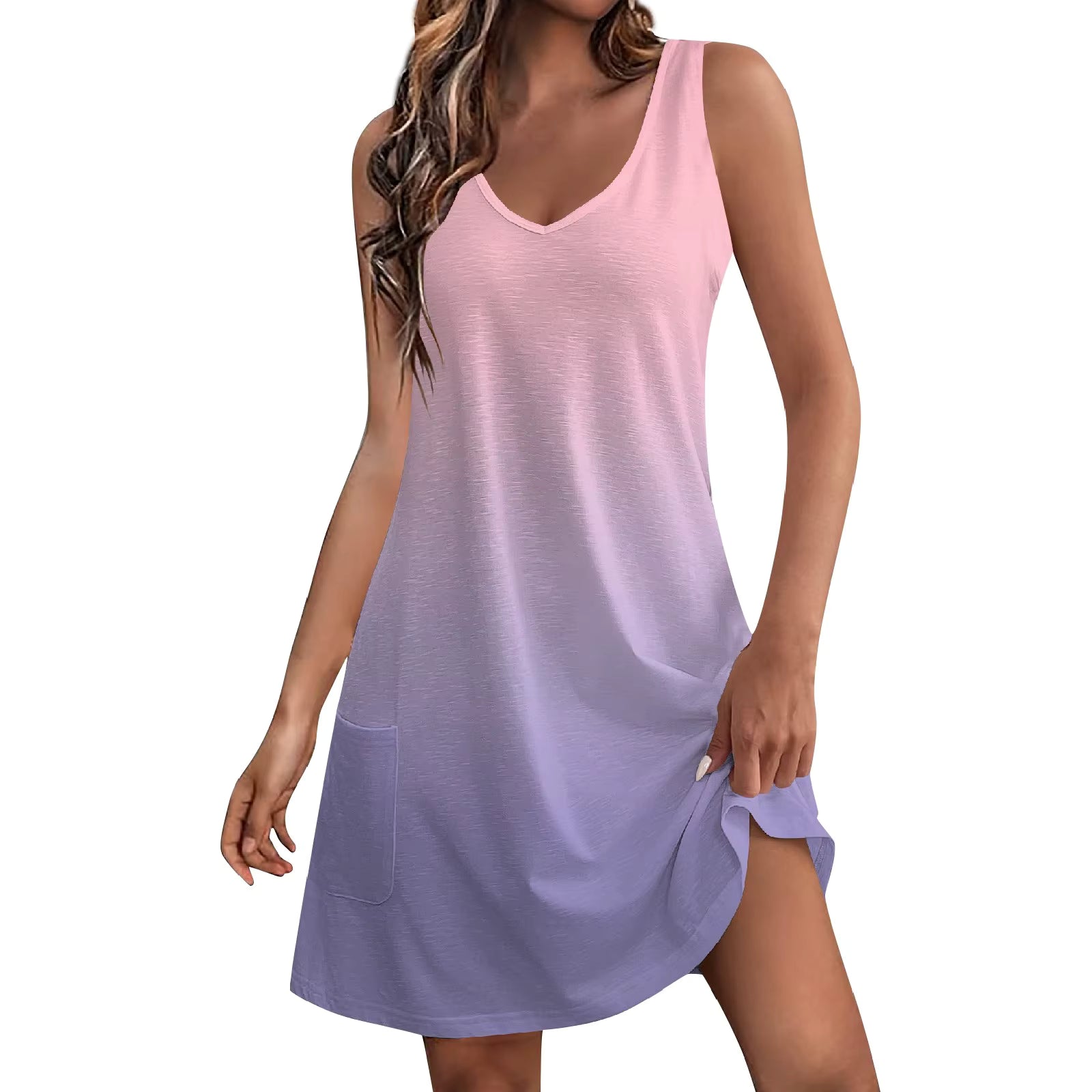 Casual V Neck Sundress With Pockets A-LINE Sleeveless Mini Dress
