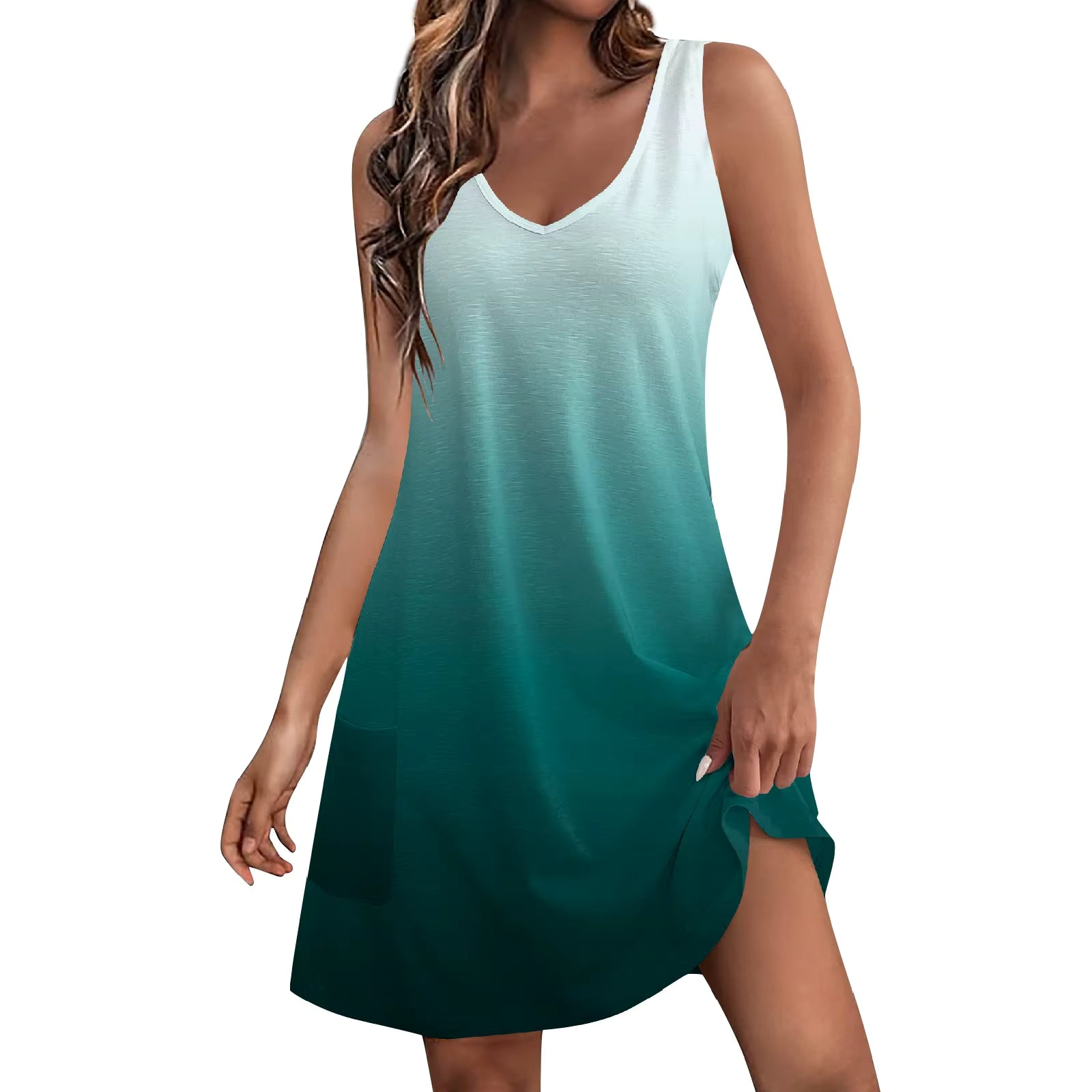 Casual V Neck Sundress With Pockets A-LINE Sleeveless Mini Dress