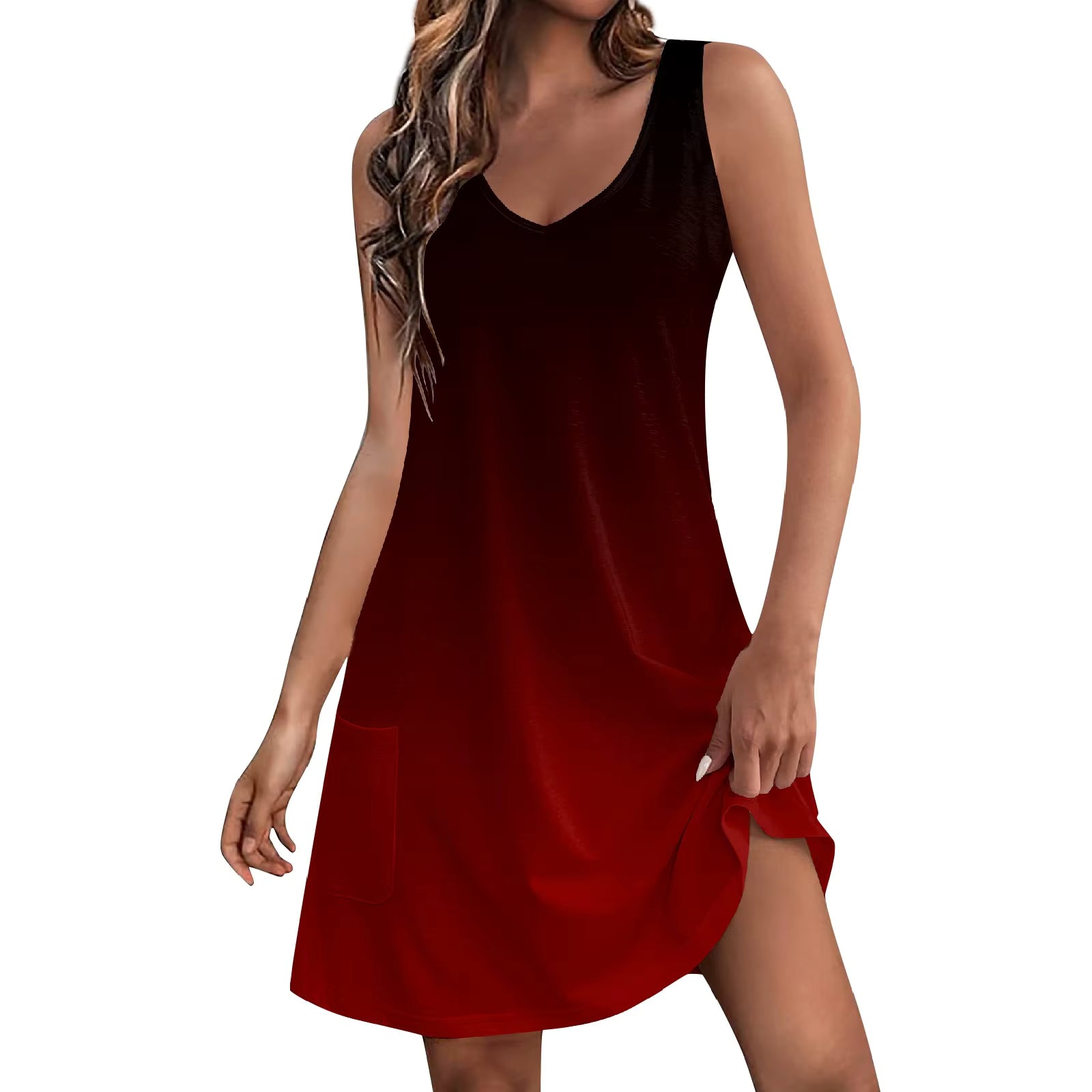 Casual V Neck Sundress With Pockets A-LINE Sleeveless Mini Dress