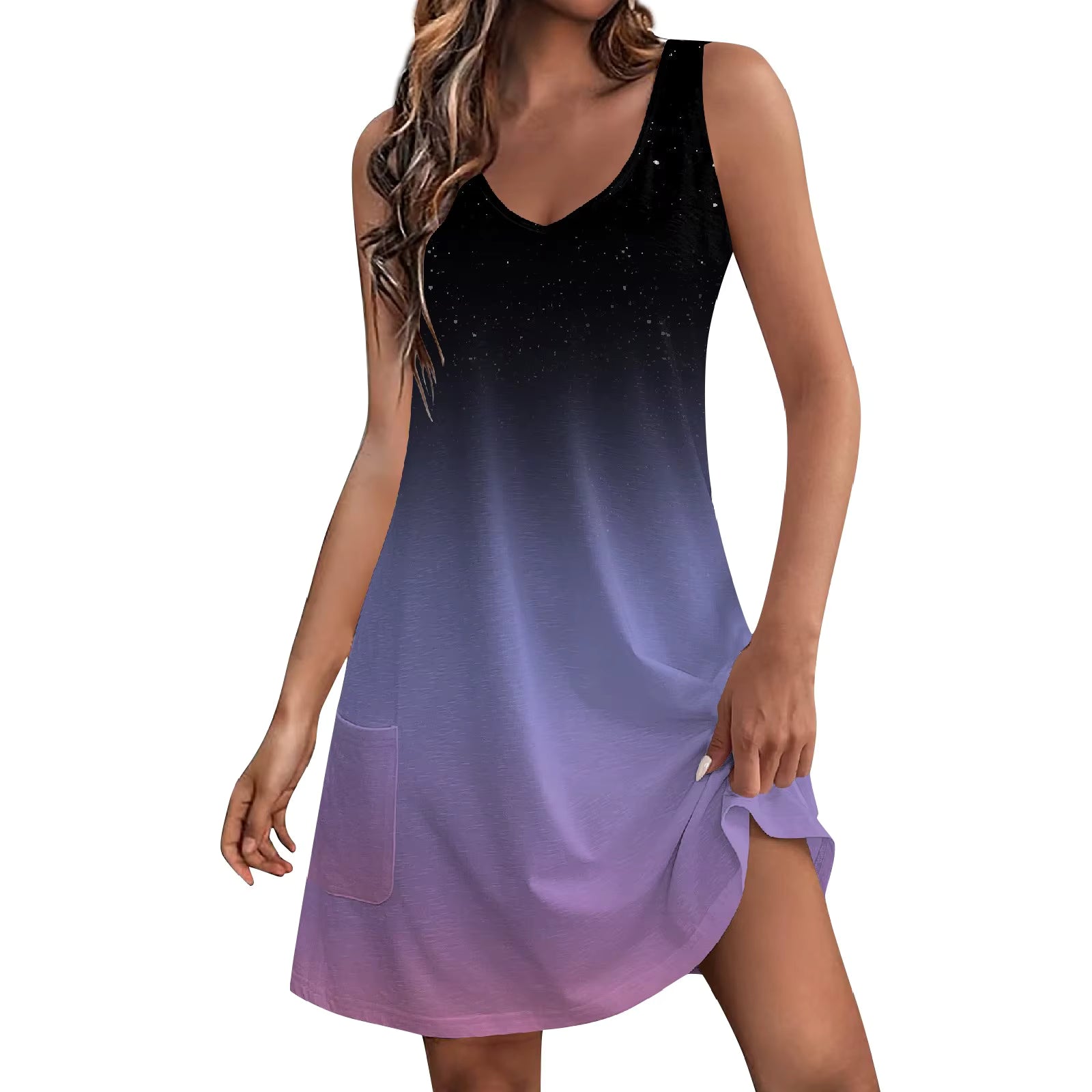 Casual V Neck Sundress With Pockets A-LINE Sleeveless Mini Dress
