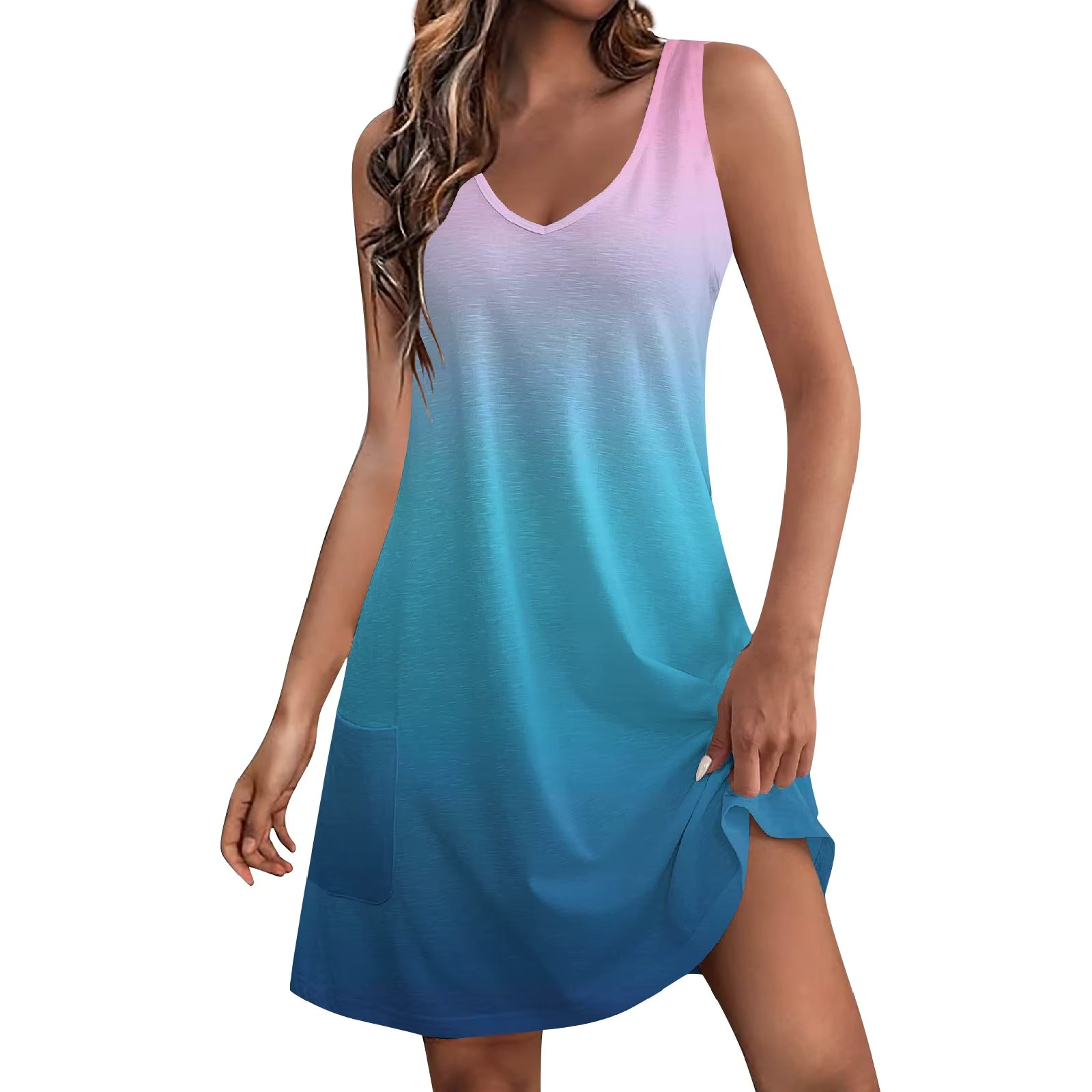 Casual V Neck Sundress With Pockets A-LINE Sleeveless Mini Dress