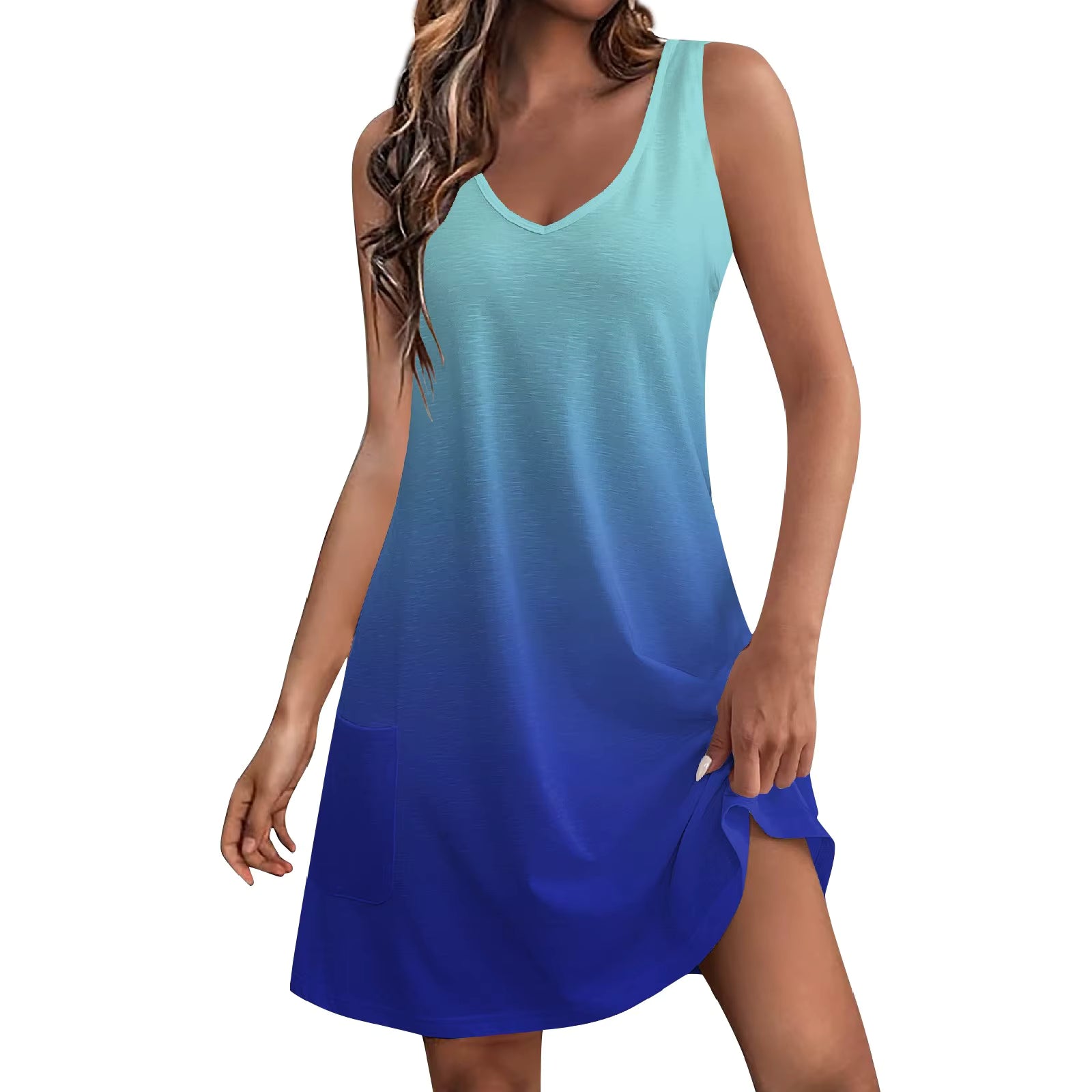 Casual V Neck Sundress With Pockets A-LINE Sleeveless Mini Dress