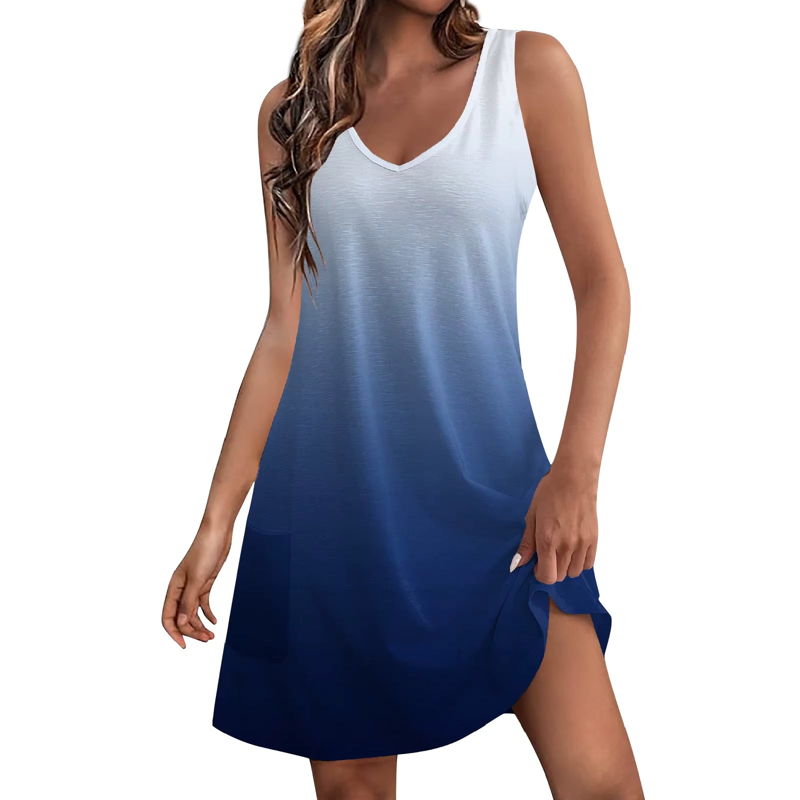 Casual V Neck Sundress With Pockets A-LINE Sleeveless Mini Dress