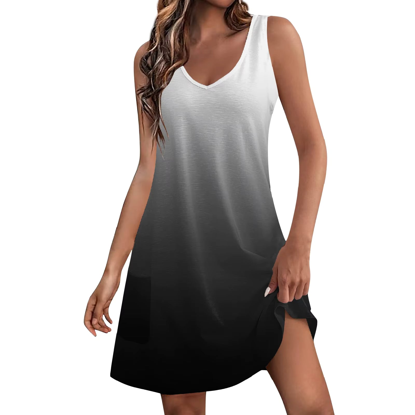Casual V Neck Sundress With Pockets A-LINE Sleeveless Mini Dress