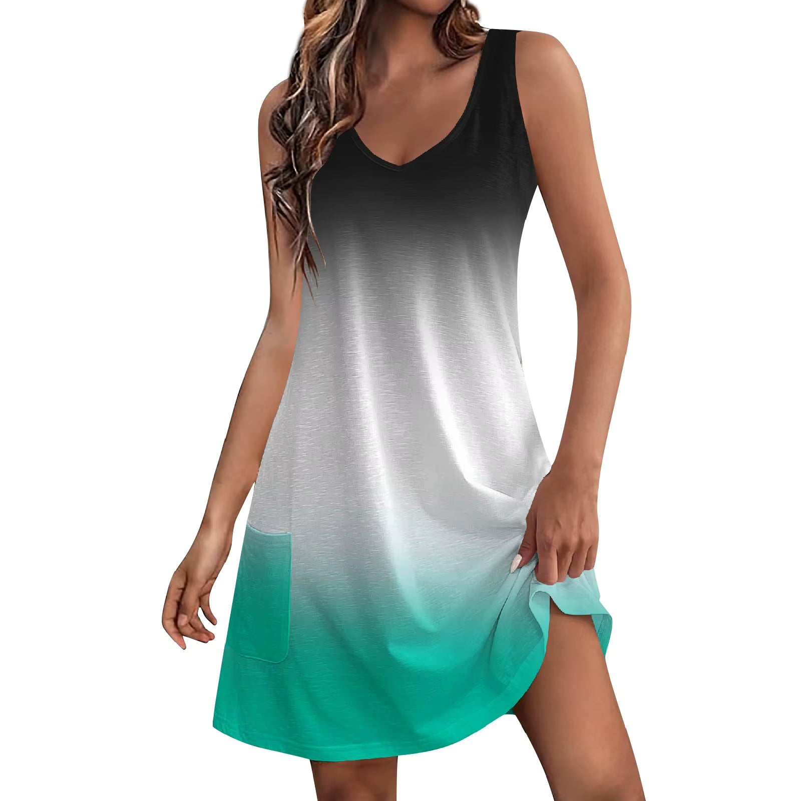 Casual V Neck Sundress With Pockets A-LINE Sleeveless Mini Dress