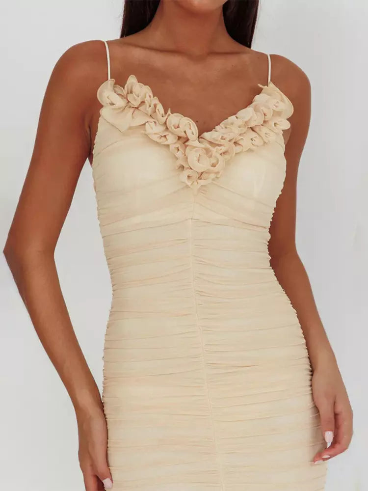 Casual V-neck Backless Ruched Mermaid Slip With Ruffle Maxi Dress