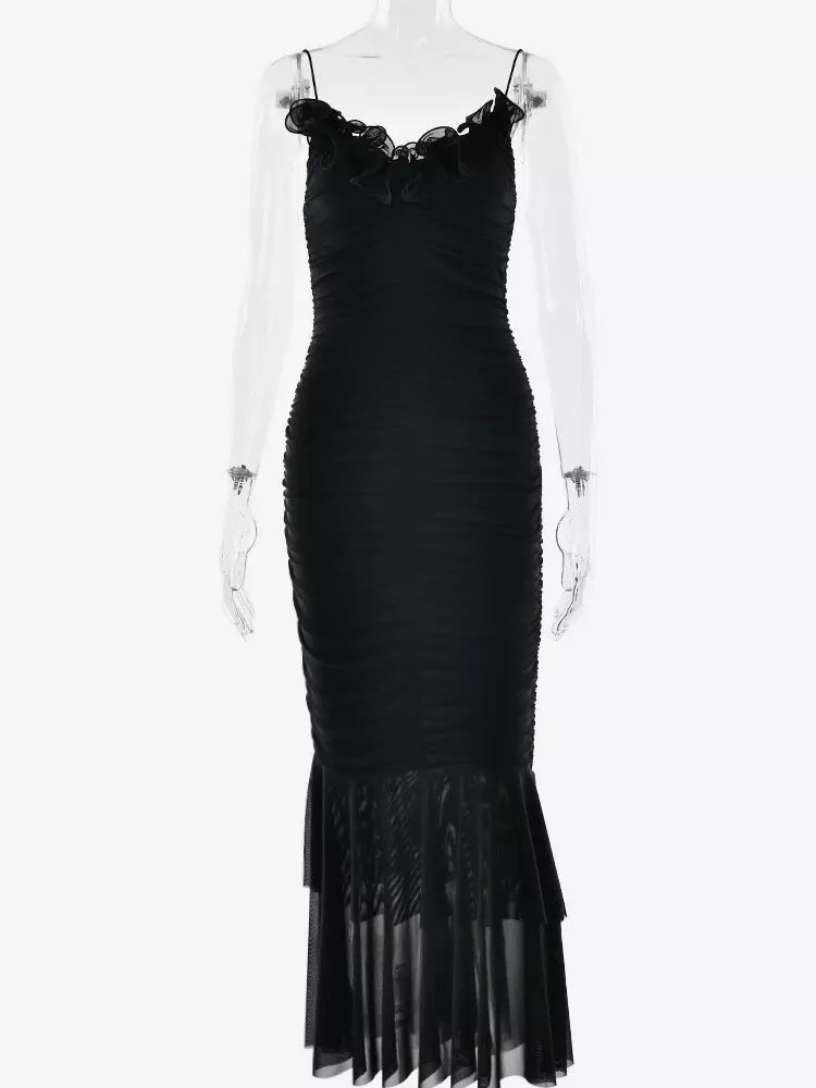Casual V-neck Backless Ruched Mermaid Slip With Ruffle Maxi Dress