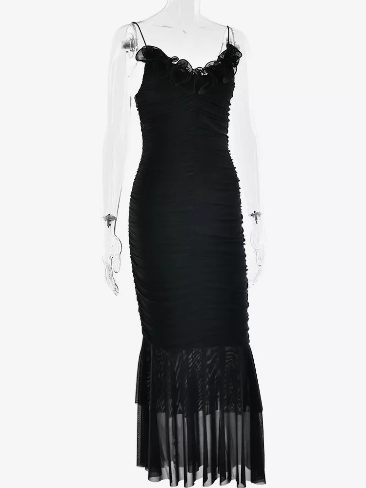 Casual V-neck Backless Ruched Mermaid Slip With Ruffle Maxi Dress