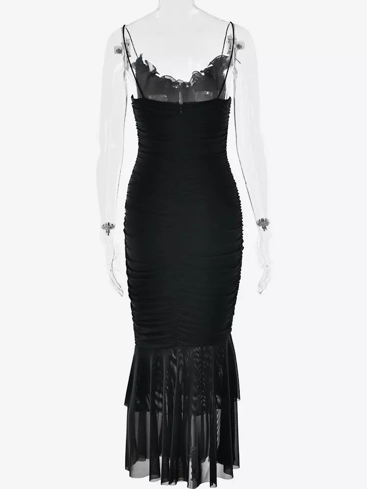 Casual V-neck Backless Ruched Mermaid Slip With Ruffle Maxi Dress
