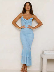 Casual V-neck Backless Ruched Mermaid Slip With Ruffle Maxi Dress