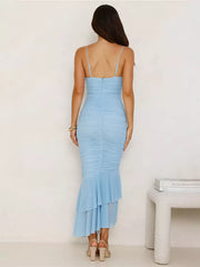 Casual V-neck Backless Ruched Mermaid Slip With Ruffle Maxi Dress