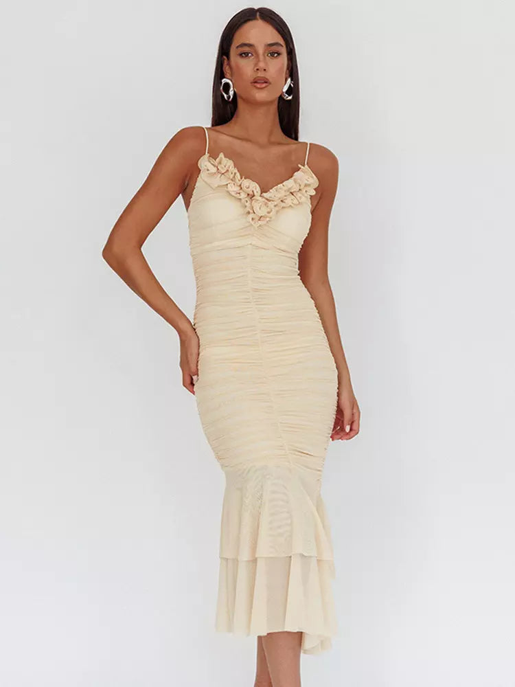 Casual V-neck Backless Ruched Mermaid Slip With Ruffle Maxi Dress