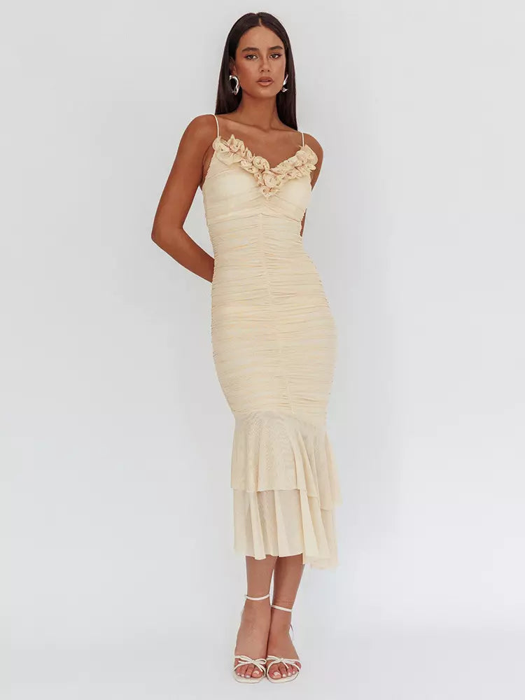 Casual V-neck Backless Ruched Mermaid Slip With Ruffle Maxi Dress