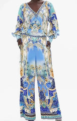 Casual V-neck Beaded Print Long-Sleeved Joker Coat High-Waist Wide-Leg 2 Piece Suit