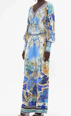 Casual V-neck Beaded Print Long-Sleeved Joker Coat High-Waist Wide-Leg 2 Piece Suit