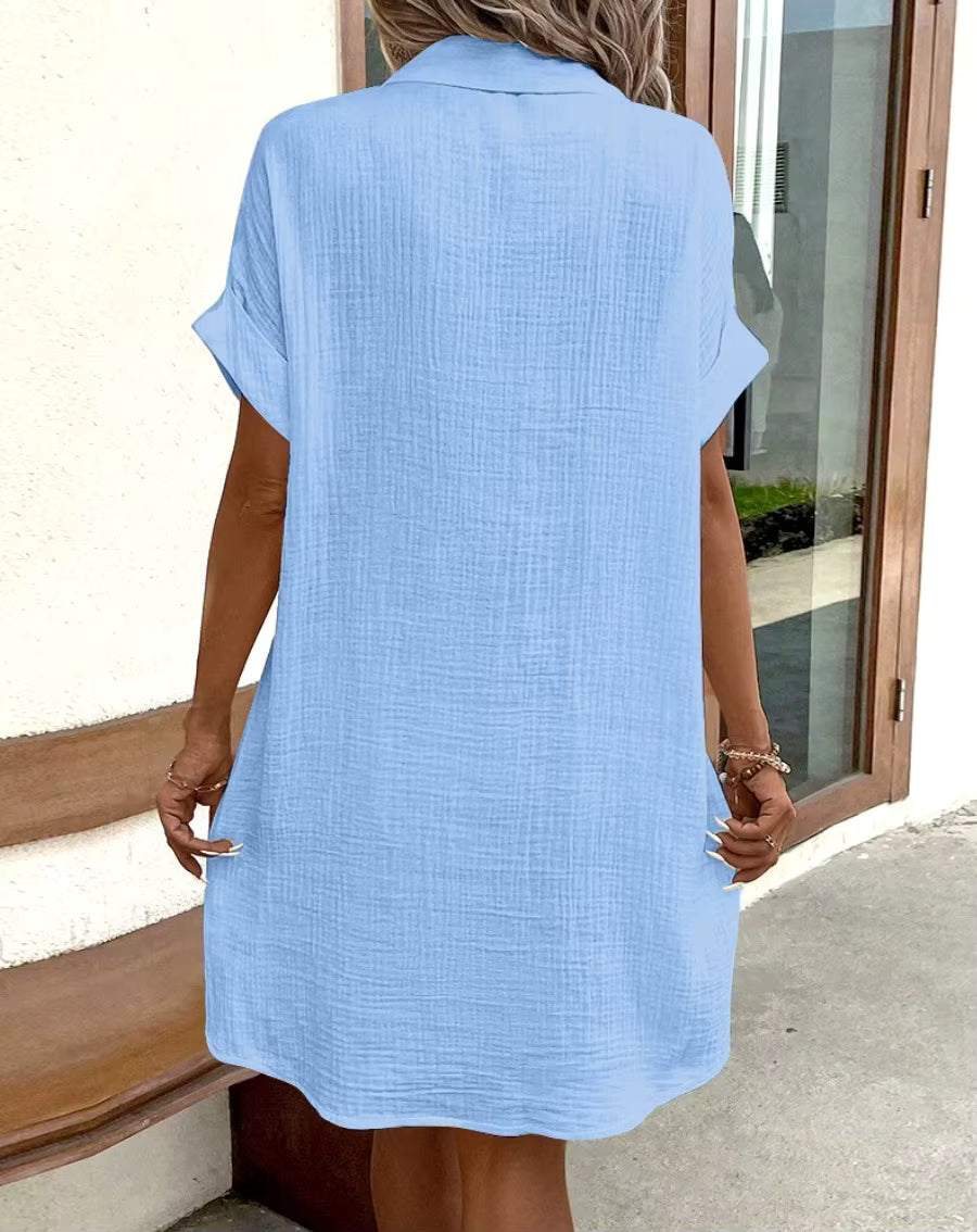 Casual V-neck Button Single Breasted Short Sleeve With Pocket Mini Dress