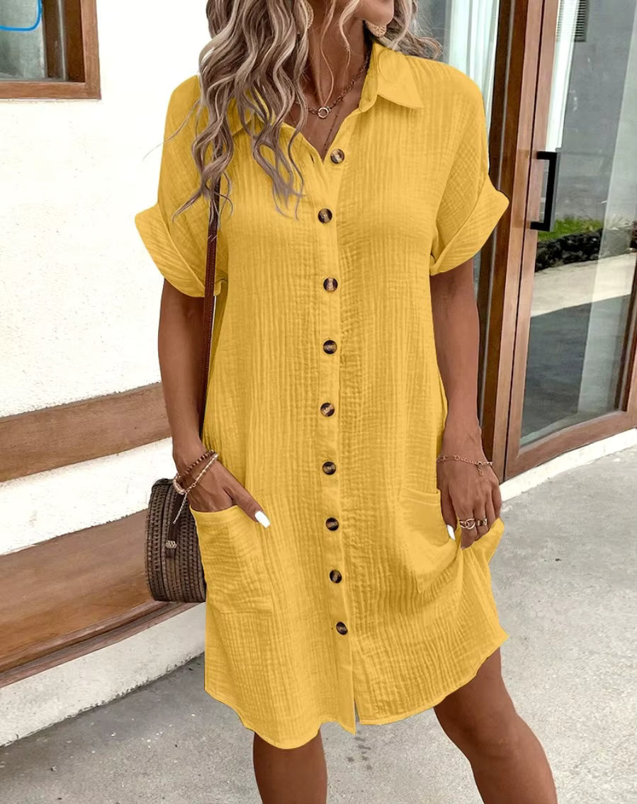 Casual V-neck Button Single Breasted Short Sleeve With Pocket Mini Dress