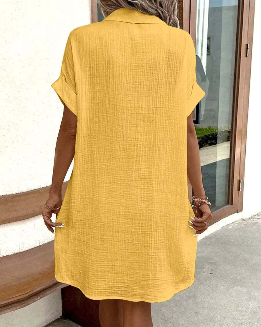 Casual V-neck Button Single Breasted Short Sleeve With Pocket Mini Dress
