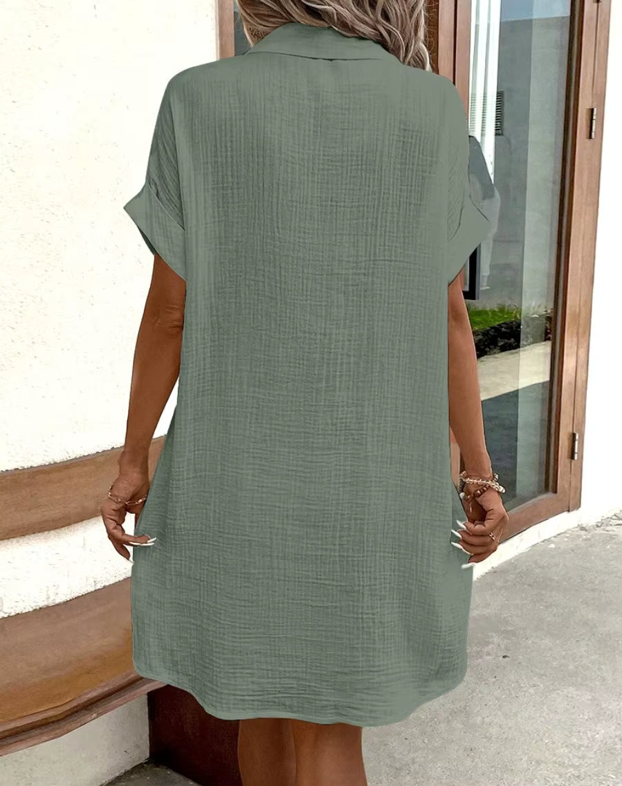 Casual V-neck Button Single Breasted Short Sleeve With Pocket Mini Dress
