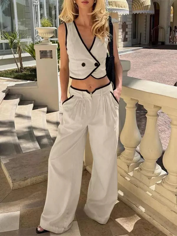 Casual V-neck Buttons Layered Vest And Wide-Leg Pants Two Piece Set