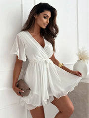 Casual V-neck Cross Strap Mini Skirt Ruffled Hem Chiffon Dress