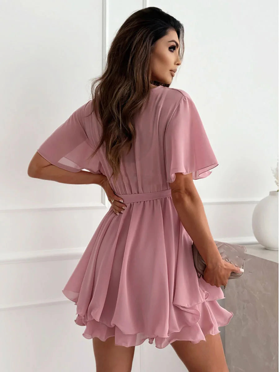 Casual V-neck Cross Strap Mini Skirt Ruffled Hem Chiffon Dress