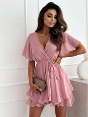 Casual V-neck Cross Strap Mini Skirt Ruffled Hem Chiffon Dress