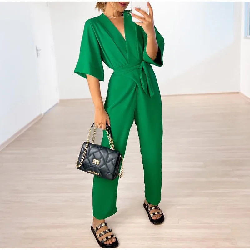 Casual V-neck Half Sleeve Straight Lace Up Loose Pants Jumpsuits