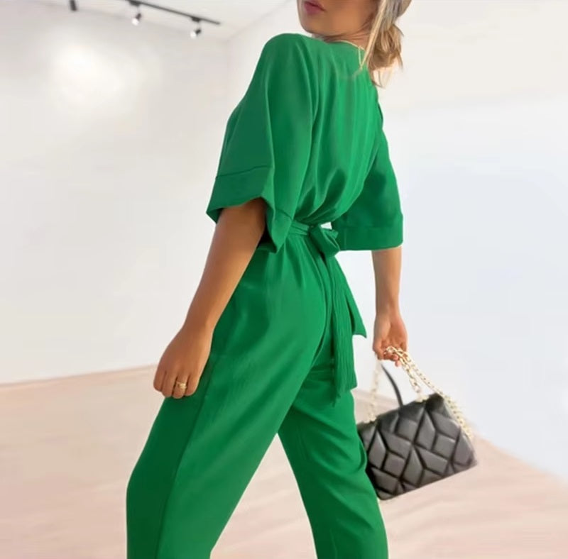 Casual V-neck Half Sleeve Straight Lace Up Loose Pants Jumpsuits
