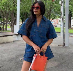 Casual V-neck Patchwork Half Sleeve Tops And Slit Skirt 2 Piece Set Outfits