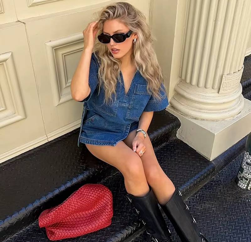 Casual V-neck Patchwork Half Sleeve Tops And Slit Skirt 2 Piece Set Outfits