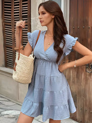 Casual V-neck Polka Dot Texture Tiered Sleeveless Mini Dress