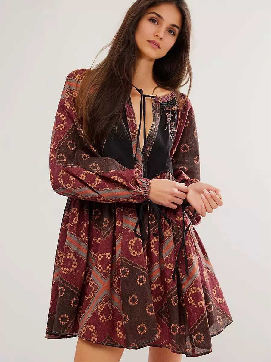 Casual V-neck Printed Over Sized Long Sleeve Lace up Mini Shift Dress