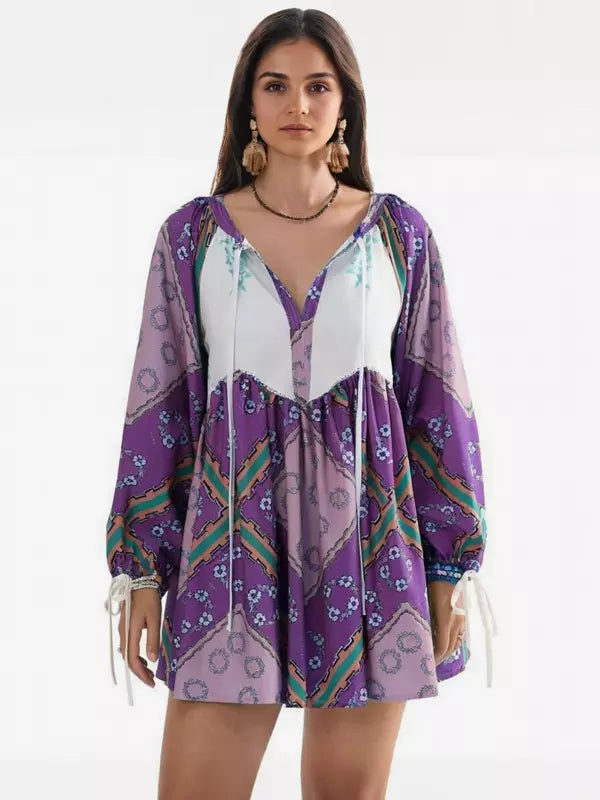 Casual V-neck Printed Over Sized Long Sleeve Lace up Mini Shift Dress