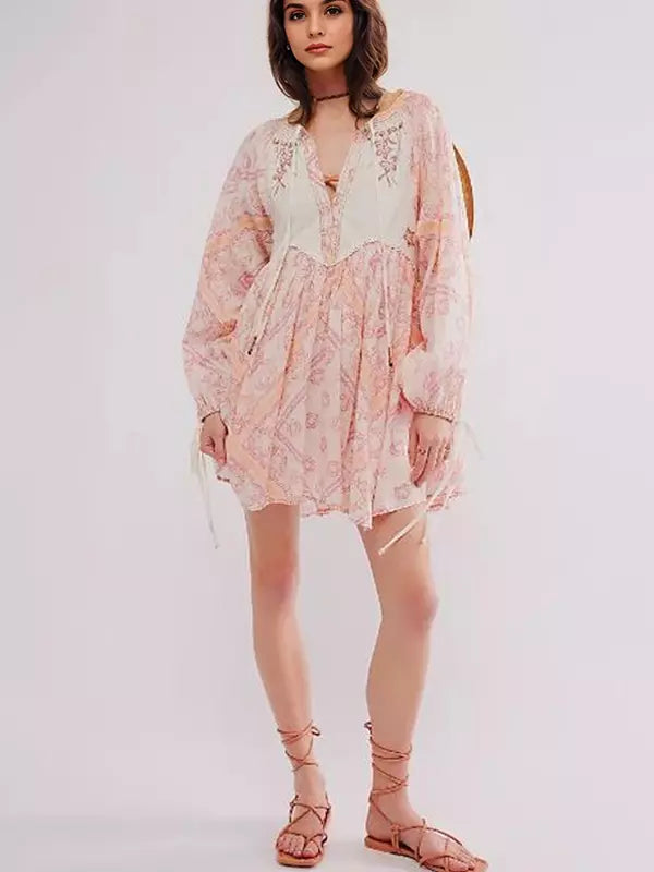 Casual V-neck Printed Over Sized Long Sleeve Lace up Mini Shift Dress