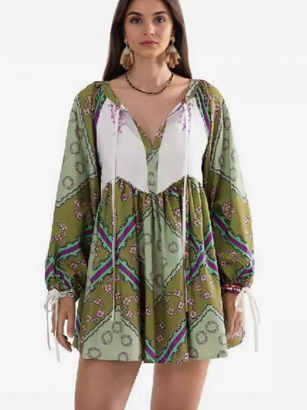Casual V-neck Printed Over Sized Long Sleeve Lace up Mini Shift Dress