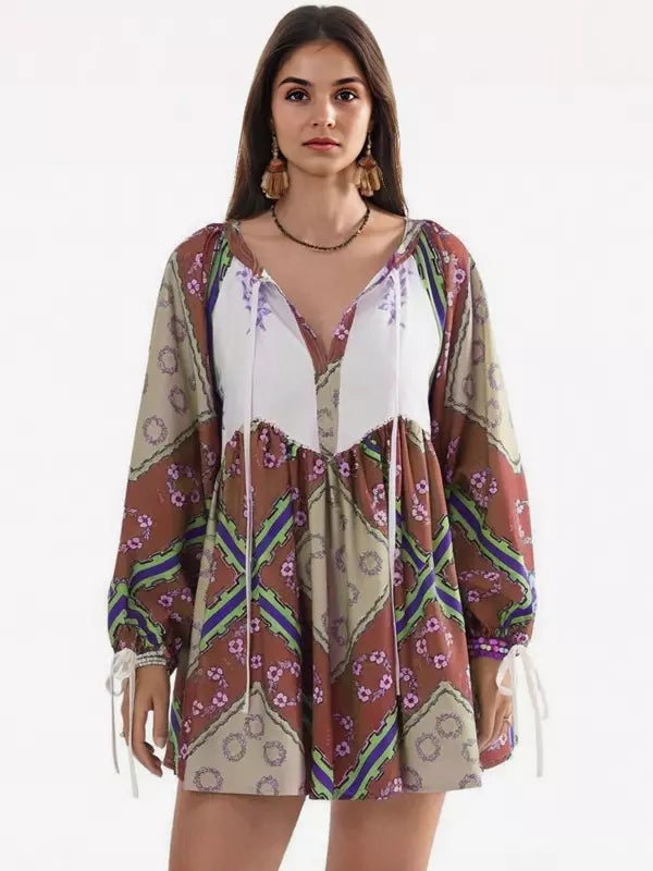 Casual V-neck Printed Over Sized Long Sleeve Lace up Mini Shift Dress