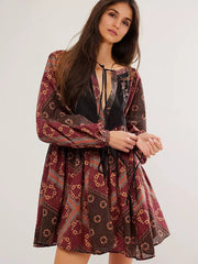 Casual V-neck Printed Over Sized Long Sleeve Lace up Mini Shift Dress