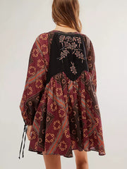 Casual V-neck Printed Over Sized Long Sleeve Lace up Mini Shift Dress